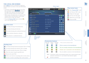 Page 4443
INSTALLATION
CONFIGURATION
OPERATION
FURTHERINFORMATION
INDEX
THE LOCAL OSD SCREEN
Once logged in, the list of channels for which you 
have permission are shown in the Local OSD (blue) 
screen.
• To choose a channel/preset, click on one of the 
blue connection icons (    ) shown to 
the right of the required channel/preset name 
(see the Connection buttons box below right). 
• Where many channels/presets are listed, use the 
Channel Name and Description search boxes 
and list arrows to filter the...