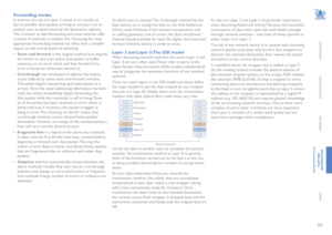 Page 5554
INSTALLATION
CONFIGURATION
OPERATION
FURTHERINFORMATION
INDEX
Forwarding modes
In essence, the job of a layer 2 switch is to transfer as 
fast as possible, data packets arriving at one port out to 
another port as determined by the destination address. 
This is known as data forwarding and most switches offer 
a choice of methods to achieve this. Choosing the most 
appropriate forwarding method can often have a sizeable 
impact on the overall speed of switching:
• Store and forward is the original...