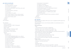 Page 5958
INSTALLATION
CONFIGURATION
OPERATION
FURTHERINFORMATION
INDEX
get_devices (continued)        
         1
         0
         1
         2012-09-07 13:33:19
         
         admin
         1
         Channel 1
         1
         2
         1
      
   


   2
   2012-09-12 14:56:11
   1
   1
   1
   1
   1
   
      
         64
         00:0F:58:01:56:85
         00:0F:58:5B:56:85
         TX 456
         0
         0
         tx
         1
         
         1.1.201.31
         1.1.201.32...