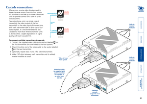 Page 12



11


Cascade connections
Where more remote video displays need to 
show the same output from the host system, 
it is possible to cascade up to three transmitter 
units to provide control for a total of up to 
twelve screens. 
Cascading these units is a simple case of 
connecting the video output of the first 
transmitter to the video input of the next one; 
with each transmitter able to drive up to four 
video displays. It is recommended that you...
