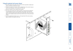 Page 7



6


Using the optional rack mount chassis
1 Place the optional rack plate onto the front of the transmitter module a\
nd 
secure it with the countersunk screws. 
2	 Orient	the	module	on	its	side	so	that	its	labelled	face	is	the	correct	way	up	
and the securing plate is facing away from the rack. 
3 Slide the module into the required rack position.  
4 The rack mount chassis has a series of holes in its floor that are spa\
ced to 
accommodate the...