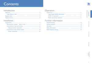 Page 21
CONTENTS
INTRODUCTION
INSTALLATION
OPERATION
FURTHERINFORMATION
Introduction
Welcome ................................................................................................................2
Cable distance rules .......................................................................................2
Supplied items .......................................................................................................3
Optional extras...