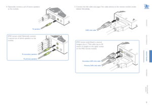 Page 109
CONTENTS
INTRODUCTION
INSTALLATION
OPERATION
FURTHERINFORMATION
 [MS2 variant only] Optionally connect 
a second set of stereo speakers to the 
module. 
To secondary speakers
To primary speakers
4 Optionally connect a set of stereo speakers 
to the module. 
To speakers
 [MS2 variant only] Attach a second 
category 6a or 7 link cable (up to 50 
meters in length) to the upper socket 
on the MS2 remote module.
Secondary CATx link cable
Primary CATx link cable
5 Connect the link cable (see page 2...