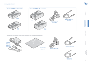 Page 43
CONTENTS
INTRODUCTION
INSTALLATION
OPERATION
FURTHERINFORMATION
Local module
Remote module
Additional USB cable 2m (type A to B)
Additional video cable DVI-D to DVI-D 
AdderLink X-DVIPRO-MS2 dual modules
SUPPLIED ITEMS
Local module
Remote module
The standard and MS2-dual variant packages include the respective items shown above, plus the following:
USB cable 2m (type A to B)
Video cable DVI-D to DVI-D 
12.5W power adapter and country- specific power lead for use with the remote moduleInformation wallet...