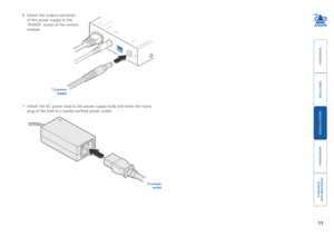 Page 12welcome
contents
installation 
 
operation
rter
inormation
11
6 Attach the output connector 
of the power supply to the 
‘POWER’ socket of the remote 
module.
To power supply
7 Attach the IEC power lead to the power supply body and insert the mains \
plug of the lead to a nearby earthed power outlet. 
To power outlet   