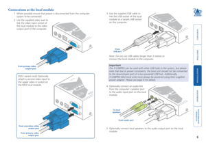 Page 7welcome
contents
installation 
 
operation
rter
inormation
6
From USB port
From primary video  output port
Connections at the local module
1 Where possible ensure that power is disconnected from the computer 
system to be connected. 
3 Use the supplied USB cable to 
link the USB socket of the local 
module to a vacant USB socket 
on the computer.2 Use the supplied video lead to 
link the video input socket of 
the local module to the video 
output port of the computer. 
 [MS2 variant only] Optionally...