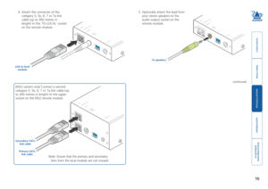 Page 11welcome
contents
installation 
 
operation
rter
inormation
10
4 Attach the connector of the 
category 5, 5e, 6, 7 or 7a link 
cable (up to 300 metres in 
length) to the ‘TO LOCAL’ socket 
on the remote module.
5 Optionally attach the lead from 
your stereo speakers to the 
audio output socket on the 
remote module. 
To speakers
Link to local module
[MS2 variant only] Connect a second 
category 5, 5e, 6, 7 or 7a link cable (up 
to 300 metres in length) to the upper 
socket on the MS2 remote module....