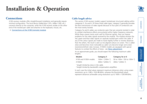 Page 5
welcome
contents
installation 
 
&operation
special
 
configuration
furter
information

Installation & Operation
Connections
X100 receiver modules offer straightforward installation and generally require 
minimal configuration. The local device (AdderVeiw CATx, Adder CAM, etc.)  
connects directly to the computer, while the X100 receiver resides at the other 
end of the twisted pair cable and attaches to the keyboard, mouse, etc.
• 
Connections.at.the.X100.(remote).module
Cable length advice
The...