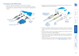 Page 6
welcome
contents
installation 
 
&operation
special
 
configuration
furter
information
5
Connections at the X100 receiver
1  Place the X100 receiver adjacent to the remote user location. 
2  Attach the video monitor, keyboard, mouse (and, optionally for X100A 
and X100AS users, speaker) connectors to the sockets of the Adder X100 \
receiver. 3 
Attach the connector of the cable run leading from the local device to the 
 
TO	LOCAL socket of the X100 receiver.
From	mouse
From	keyboard
From	video	monitor...