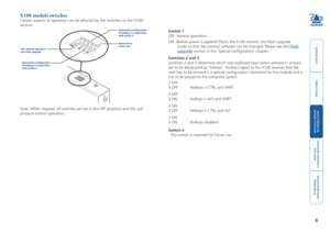 Page 7
welcome
contents
installation 
 
&operation
special
 
configuration
furter
information
6
1ON423
1ON
423
ON
Determines	configuration
of	hotkeys	in	conjunction
with	switch	
Reserved	for	
future	use
OFF:	Normal	operation
ON:	Flash	upgrade
Determines	configuration	
of	hotkeys	in	conjunction	
with	switch	
Note: When shipped, all switches are set in the OFF positions and this w\
ill 
produce normal operation.
X100 module switches
Certain aspects of operation can be affected by the switches on the...