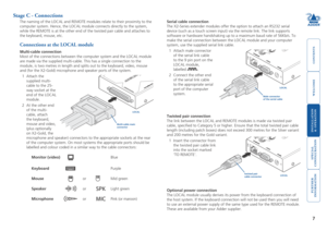 Page 8



7
 


Stage C - Connections
The naming of the LOCAL and REMOTE modules relate to their proximity to \
the 
computer system. Hence, the LOCAL module connects directly to the system\
, 
while the REMOTE is at the other end of the twisted pair cable and attac\
hes to 
the keyboard, mouse, etc. 
Connections at the LOCAL module
Multi-cable connection
Most of the connections between the computer system and the LOCAL module\
 
are...