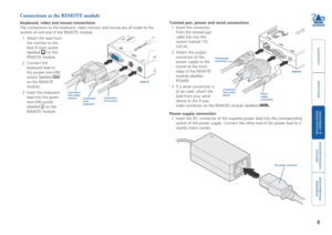 Page 9



8
 


Connections at the REMOTE module
Keyboard, video and mouse connections
The connections to the keyboard, video monitor and mouse are all made to\
 the 
sockets at one end of the REMOTE module.
1 Attach the lead from 
the monitor to the 
blue D-type socket 
labelled  on the 
REMOTE module.
2 Connect the 
keyboard lead to 
the purple mini-DIN 
socket labelled 
on the REMOTE 
module. 
3 Insert the keyboard 
lead into the...