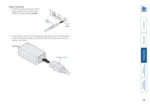 Page 14



13
 


Power connection
1 Attach the output connector of the 
power supply to the socket of the 
REMOTE module, labelled POWER.
SERIAL  2
SERIAL  1PO
WE R
2
TO  LOCAL  1 INDOOR
USE ONL Y
Power supply connection
REMOTE
IEC power connector
2 Insert the IEC connector of the supplied power lead into the correspondi\
ng 
socket of the power supply. Connect the other end of the power lead to a\
 
nearby mains socket.   