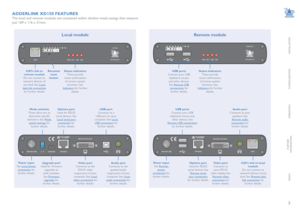 Page 4INSTALLATION
3
CONFIGURATION
OPERATION
FURTHERINFORMATION
INDEX
ADDERLINK XD150 FEATURES
The local and remote modules are contained within slimline metal casings that measure 
just 169 x 116 x 31mm.
CATx link to remote moduleDo not connect to network devices of any kind. See Local data link connection for further details.
Recessed reset button
Status indicatorsThese provide visual	confirmation	of various system functions. See Indicators for further details. 
Power inputSee Local power connection for...