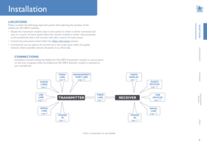 Page 76
INSTALLATION
CONFIGURATION
OPERATION
FURTHERINFORMATION
INDEX
Installation
LOCATIONS
Please consider the following important points when planning the position of the 
AdderLink XD150FX modules:
• Situate the transmitter module close to the system to which it will be c\
onnected and 
near to a source of mains power. Place the receiver module in similar close proximity 
to the peripherals that it will connect with, plus a source of mains power.    
• Consult the precautions listed within the Safety...