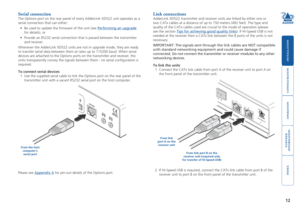 Page 13





12
Serial connection
The Options port on the rear panel of every AdderLink XD522 unit operate\
s as a 
serial connection that can either:
•	 Be	used	to	update	the	firmware	of	the	unit	(see	Performing an upgrade 
for details), or
•	 Provide	an	RS232 serial connection that is passed between the transmitter 
and receiver.
Whenever the AdderLink XD522 units are not in upgrade mode, they are rea\
dy 
to transfer serial data between them at rates...