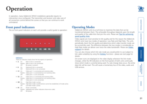 Page 22





21
Operation
In operation, many AdderLink XD522 installations generally require no 
intervention once configured. The transmitter and receiver units take \
care of 
all connection control behind the scenes so that you can continue to wor\
k 
unhindered. 
Front panel indicators
The six front panel indicators on each unit provide a useful guide to op\
eration:
Operating Modes
AdderLink XD522 units try at all times to maximize the data that can...