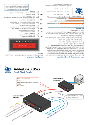 Page 1AdderLink XD522
Quick Start Guide
AdderLink XD522 
Transmitter
AdderLink XD522 
Receiver
Main CATx link carries:
Video 
Keyboard/mouse True USB Emulation 
Audio 
RS232 Serial
Optional CATx link carries:
Hi-Speed USB only 
IMPORTANT: Please see the full AdderLink XD522 user guide for safety, warranty and regulatory information. The full user guide is available from www.adder.com.  © 2013 Adder Technology Limited • All trademarks are acknowledged. Part No. MAN-XD5x2-QS-ADDER • Release 1.0a  
Web:...