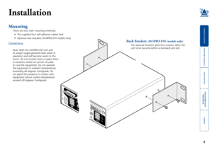 Page 7





6
1
USB 2.0
S W ITCHED U
SB  1
U SB  2
4 3
5V
2AINDOOR USEONLY
USER
C O NSO LE
O PTIO NS
Installation
Mounting
There are two main mounting methods:
•	 The	supplied	four	self-adhesive	rubber	feet
•	 Optional	rack	brackets	(AV4PRO-DVI	models	only)
ConnectionsRack brackets (AV4PRO-DVI models only)
The optional brackets (plus four screws), allow the 
unit to be secured within a standard rack slot. Note: Both the AV4PRO-DVI unit and 
its power...