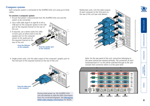 Page 9





8
1
2
3
4
USB2.
0
SWITCHED USB 1
USB 2
V1 V2 V3 V4
5V
4A
INDOOR
USE
ONL Y
USER
CONSOLE
OPTIONS
Channel 1
Channel 2
Channel 3
Channel 4
1
2
U SB 2.0
S W ITCHED U
SB  1
U SB  2
V1 V2 V3 V4
1
2
3
4
2 1
USB2. 0
SWITCHED USB 
1
USB  2
2 1
USB2.0
SWITCHED USB 
1
USB  2
Computer systems
Each computer system is connected to the AV4PRO-VGA unit using up to thr\
ee 
cables.
To connect a computer system
1 Ensure that power is disconnected from the...