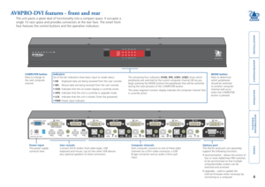 Page 5







AV8PRO-DVI features - front and rear
The unit packs a great deal of functionality into a compact space. It occupies a 
single 1U rack space and provides connectors at the rear face. The smart front 
face features the control buttons and the operation indicators.
The remaining four indicators (KVM, SPK, USB, USB) show which peripherals are switched to the current computer channel OR (as you begin pressing the MODE button) the...