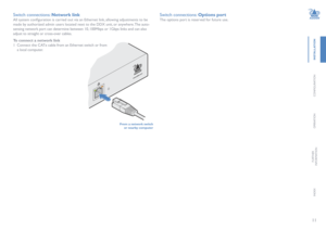Page 1211
INSTALLATION
CONFIGURATION
OPERATION
FURTHERINFORMATION
INDEX
Switch connections: Network link
All system configuration is carried out via an Ethernet link, allowing adjustments to be 
made by authorized admin users located next to the DDX unit, or anywhere. The auto-
sensing network port can determine between 10, 100Mbps or 1Gbps links and can also 
adjust to straight or cross-over cables.  
To connect a network link
1 Connect the CATx cable from an Ethernet switch or from 
a local computer.  
From a...