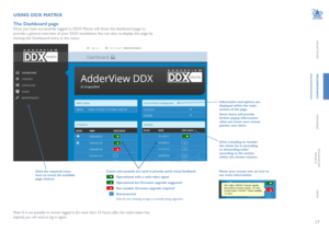 Page 1817
INSTALLATION
CONFIGURATION
OPERATION
FURTHERINFORMATION
INDEX
USING DDX MATRIX
The Dashboard page
Once you have successfully logged in, DDX Matrix will show the dashboard page to 
provide a general overview of your DDX installation. You can also re-display this page by 
clicking the Dashboard entry in the menu:   
Click the required menu item to reveal the available page choices.
Information and options are displayed within the main section of the page.
Some items will provide further popup...