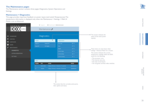 Page 3231
INSTALLATION
CONFIGURATION
OPERATION
FURTHERINFORMATION
INDEX
The Maintenance pages
The Maintenance section contains three pages: Diagnostics, System Operations and 
Settings.  
Maintenance > Diagnostics
This page provides important feedback on power inputs (and switch Temperatures). The 
temperature information is displayed only when the Maintenance > Settings > Web UI 
Mode is set to Advanced.
These items are only shown when  Settings > Advanced Mode On is chosen. 
This section indicates the current...