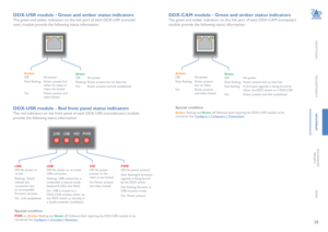 Page 3938
INSTALLATION
CONFIGURATION
OPERATION
FURTHERINFORMATION
INDEX
DDX-CAM module - Green and amber status indicators
The green and amber indicators on the link port of each DDX-CAM (computer) 
module provide the following status information: 
GreenOff:    No power
Slow flashing: Power present but no data link 
Fast flashing:  A firmware upgrade is being forced by either the DDX switch or a DDX-USR
On:     Power present and link established
AmberOff:   No power
Slow flashing: Power present but no video
On:...