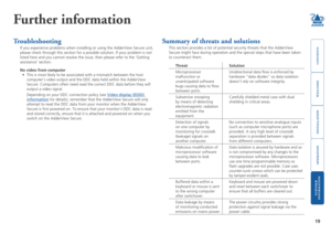 Page 20



19


Further information
Troubleshooting
If you experience problems when installing or using the AdderView Secure\
 unit, 
please check through this section for a possible solution. If your probl\
em is not 
listed here and you cannot resolve the issue, then please refer to the ‘\
Getting 
assistance’ section.
No	video	from	computer
•	 This	is	most	likely	to	be	associated	with	a	mismatch	between	the	host	
computer’s video output and the DDC data...