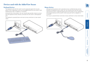 Page 7



6


Devices used with the AdderView Secure
Keyboard devices
The keyboard used with the switch must be approved against the security \
policy of your organization and must be plugged directly into the switch\
’s USB 
keyboard port with no adapters or converters.
During the life of the product, the user should make periodic checks to \
ensure 
that the keyboard remains directly connected into the switch’s USB ke\
yboard 
port. 
The keyboard is...