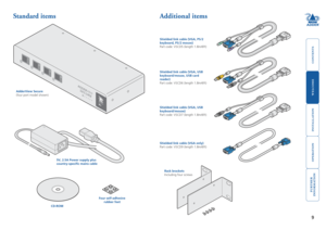 Page 10



9


www.a dder .com
SECURE
ADDER VIEW
5V, 2.5A Power supply plus country-specific	mains	cable
Standard itemsAdditional items
AdderView Secure(four	port	model	shown)
CD-ROM
Rack	bracketsIncluding four screws
Shielded link cable (VGA, PS/2 keyboard, PS/2 mouse)Part	code:	VSCD5	(length	1.8m/6ft)
Shielded link cable (VGA, USB keyboard/mouse, USB card reader)Part	code:	VSCD6	(length	1.8m/6ft)
Shielded link cable (VGA, USB  keyboard/mouse)Part	code:...