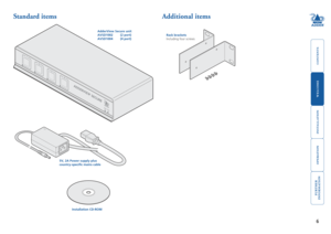 Page 7



6


ERR
12 34
PWR
5V, 2A Power supply plus country-specific	mains	cable
Standard itemsAdditional items
AdderView Secure unitAVSD1002   (2 port)AVSD1004  (4 port)
Installation	CD-ROM
Rack	bracketsIncluding four screws   