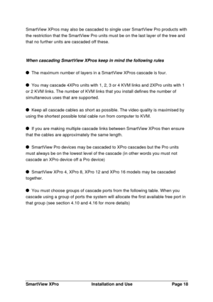 Page 19SmartView XProInstallation and UsePage 18SmartView XPros may also be cascaded to single user SmartView Pro products with
the restriction that the SmartView Pro units must be on the last layer of the tree and
that no further units are cascaded off these.
When cascading SmartView XPros keep in mind the following rules  The maximum number of layers in a SmartView XPros cascade is four.  You may cascade 4XPro units with 1, 2, 3 or 4 KVM links and 2XPro units with 1
or 2 KVM links. The number of KVM links...