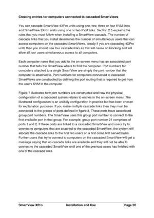 Page 33SmartView XProInstallation and UsePage 32Creating entries for computers connected to cascaded SmartViews
You can cascade SmartView 4XPro units using one, two, three or four KVM links
and SmartView 2XPro units using one or two KVM links. Section 2.5 explains the
rules that you must follow when installing a SmartView cascade. The number of
cascade links that you install determines the number of simultaneous users that can
access computers on the cascaded SmartViews. Ideally if you are cascading 4XPro
units...