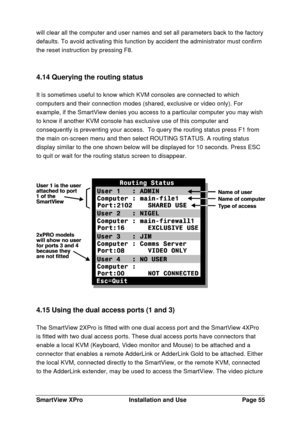 Page 56SmartView XProInstallation and UsePage 55will clear all the computer and user names and set all parameters back to the factory
defaults. To avoid activating this function by accident the administrator must confirm
the reset instruction by pressing F8.
4.14 Querying the routing status
It is sometimes useful to know which KVM consoles are connected to which
computers and their connection modes (shared, exclusive or video only). For
example, if the SmartView denies you access to a particular computer you...