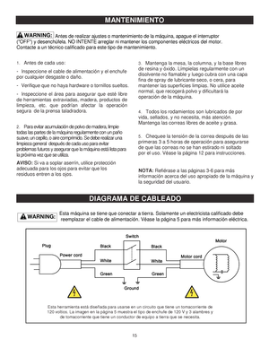 Page 3515Antes 
de realizar ajustes o mantenimiento  de la  máquina, apag ue el  interruptor 
(OFF) y desenchúfela.  NO INTENTE arreglar  ni mantener los componentes eléctricos  del motor. 
Contacte a  un técnico calificado para este tipo  de mantenimiento.  1.Antes de  cada  uso: - 
Inspeccione  el  cable  de  alimentación  y  el  enchufe 
por  cualquier  desgaste  o  daño.  
-  Verifique  que  no  haya  hardware  o  tornillos  sueltos.  
-  Inspeccione  el  área  para asegurar  que  esté  libre 
de...