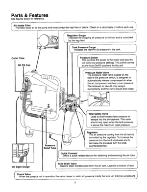 Page 5  
Parts&Features 
Seefiguresbelowforreference. 
AirIntakeFilter 
Providescleanairtothepumpandmustalwaysbekeptfreeofdebris.Checkonadailybasisorbeforeeachuse. 
IRegulatorGauge  Indicatestheoutgoingairpressuretothetoolandiscontrolled 
bytheregulator. 
OutletTube 
OilFillCap 
J TankPressureGauge 
Indicatesthereserveairpressureinthetank. 
PressureSwitch 
Thiscontrolsthepowertothemotorandalsothe 
cut-in/cut-outpressuresettings.Thisswitchserves 
astheAuto-On/Offpositionsfortheunit, 
PressureReliefValve...