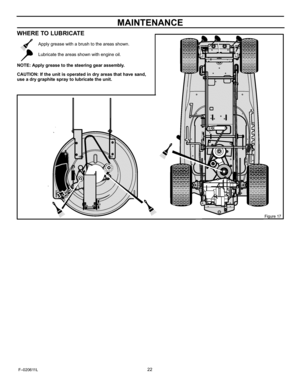 Page 22  
MAINTENANCE 
WHERETOLUBRICATE 
Applygreasewithabrushtotheareasshown. 
Lubricatetheareasshownwithengineoil. 
NOTE:Applygreasetothesteeringgearassembly. 
CAUTION:Iftheunitisoperatedindryareasthathavesand, 
useadrygraphitespraytolubricatetheunit. 
Figure17 
F-020611L22  