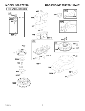 Page 58  
MODEL536.270270 
11036LABEL-SSIONI 
523 
287 
524 
74 
668A 
733_ 
75@ 
455 
1070_ 968 
967 
445 B&SENGINE28R707-1114-E1 
467 
240 
601 
167 
176 344 O  783 
1850 
304 
305A 
1005 
F-020611L58  