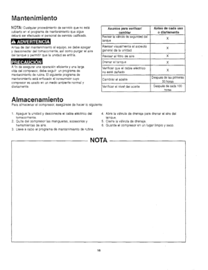 Page 18  
Mantenimiento 
NOTA:Cualquierprecedimientodeservicioquenoest_ 
cubiertoenelprogramademantenimientoquesigue 
deberaserefectuadoelpersona!deserviciocs.lificado. 
Antesdedarmantenimientoalequipo,sedebeapagar 
ydesconectardeltomacorriente,as[come.purgereleire 
deltanqueypermitirquelaunidadseenfr[e. 
Afindeesegurarunaoperaci6neficienteyusalarge 
vidadelcompresor,debeseguirunprogramade 
mentenimientoderutina.Elsiguienteprogramade 
mantenimientoest.enfecadoaioor_sumidorcuyo...