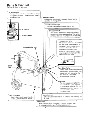 Page 5  
Parts&Features 
Seefiguresbelowforreference. 
AirIntakeFilter  Providescleanairtothepumpandmustalways 
bekeptfreeofdebris.Checkonada!lybasisor 
beforeeachuse. 
_! 
--OilFillCap 
0_--OilSightGauge RegulatorGauge 
J|Indicatestheoutgoingairpressuretothetootandis 
k controlledbytheregulator. 
PressureReliefTube TankPressureGauge_ 
Indicatesthereserveairpressureinthetank. 
I 
I  _ressureSwitch 
Thiscontrolsthepowertothemotorandalso 
thecut-in/cut-cutpressuresettings.Thisswitch...