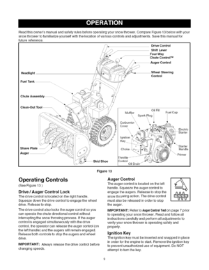 Page 9  
Readthisownersmanualandsafetyrulesbeforeoperatingyoursnowthrower.CompareFigure13belowwithyour 
snowthrowertofamiliarizeyourselfwiththelocationofvariouscontrolsandadjustments.Savethismanualfor 
futurereference. 
DriveControl 
ShiftLever 
Four-Way 
.,_ChuteControFM 
/.,AugerControl 
Headlight 
FuelTank WheelSteering 
Control 
ChuteAssembl_. 
Clean-OutTool 
\. 
\ 
Muffler 
\_Spark 
\ 
Carburetor\ 
Cover\ 
\\ OilFill 
FuelCap 
1 
Electric 
ShavePlate 
/, 
Auger/ Ignition 
Key....l_ 
Choke _Starter 
Handle...