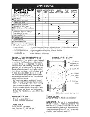 Page 12  
MAINTENANCE 
SCHEDULE 
CheckforLooseFasteners 
_Clean/InspectGrassCatcher* 
CheckTires 
_CheckDriveWheels 
CleanLawnMower.... 
MCleanunderDriveCover*** 
OCheckDriveBelt/Pulleys*** 
_Check/Sharpen/ReplaceBlade 
RLubrication 
CleanandRechargeBattery** 
CheckEngineOillevel 
I_ChangeEngineOil 
NCleanAirFilter 
_InspectMuffler 
NReplaceSparkPlug 
I1_ReplaceAirFilterPaperCartridge 
EmptyfuelsystemoraddStabilizer BEFOREAFTEREVERYEVERYEVERY 
EACHEACH1025HOURS100BEFORE 
USEUSEHOURSORSEASONHOURSSTORAGE 
i/s t/...