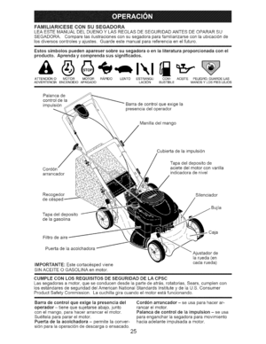 Page 25  
FAMILIARICESECONSUSEGADORA 
LEAESTEMANUALDELDUENOYLASREGLASDESEGURIDADANTESDEOPARARSU 
SEGADORA.Comparelasilustracionesconsusegadoraparafamiliarizarseconlaubicaci6nde 
losdiversoscontrolesyajustes.Guardeestemanualparareferenciaenelfuturo. 
Estossimbolospuedenaparesersobresusegadoraoenlaliteraturaproporcionadaconel 
producto.Aprendaycomprendasussignificados. 
ATTENCIONOMOTORMOTORR,_,PIDOLENTOESTRANGUCOM-ACEITEPELIGRO,GUARDELAS 
ADVERTENCIAENCENDIDOAPAGADOLAClONBUSTIBLEMANOSYLOSPIESLEJOS 
Palancade...