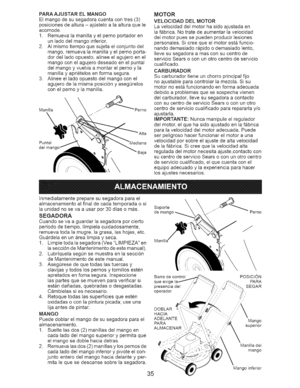 Page 35  
PARAAJUSTARELMANGO 
Elmangodesusegadoracuentacontres(3) 
posicionesdealtura-ajOsteloalaalturaquele 
acomode. 
1.Remuevalamanillayelpernoportadoren 
unladodelmangoinferior. 
2.AImismotiempoquesujetaelconjuntodel 
mango,remuevalamanillayelpernoporta- 
dordelladoopuesto,alineeelagujeroenel 
mangoconelagujerodeseadoenelpuntal 
delmangoyvuelvaamontarelpernoyla 
manillayaprietelosenformasegura. 
3.Alineeelladoopuestodelmangoconel 
agujerodelamismaposici6nyasegOrelos 
conelpernoylamanilla. 
Manilla _Perno...