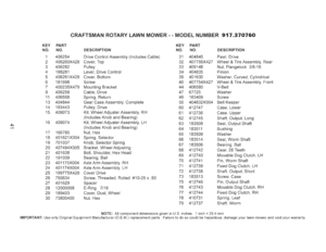 Page 41  
CRAFTSMANROTARYLAWNMOWER--MODELNUMBER917.370760 
KEYPARTKEYPART 
NO,NO,DESCRiPTiONNO.NO. 
1406254DriveControlAssembly(includesCable)31404845 
2406260X428Cover,Top32407756X427 
3406282Pulley33409148 
4188281Lever,DriveControl34404835 
5406261X428Cover,Bottom39401630 
6181698Screw40407754X427 
7400235X479MountingBracket44406580 
9406258Cable,Drive4767725 
!1406558Spring,Return49163409 
13404844GearCaseAssembly,Complete50404832X004 
14193443Pulley,Drive60412747...