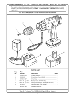 Page 17  
CRAFTSMAN3/8in.,14.4VOLTCORDLESSDRILL-DRIVER-MODELNO.973.114240 
Themodelnumberwillbefoundonaplateattachedtothemotorhousing.Alwaysmentionthemodel 
numberinallcorrespondenceregardingyour3/8in.,CORDLESSDRILL-DRIVERorwhenordering 
repairparts. 
SEEBACKPAGEFORPARTSORDERINGINSTRUCTIONS 
2 
3 
\ 
5 4 
KeyPart 
No.Number 
1616478-003 
26903302 
3967216-007 
4*ItemNo.911013 
5*ItemNo.911012 
63073021 
983000-148 PARTSLIST 
DescriptionQuart. 
Screw(Special)................................................1...