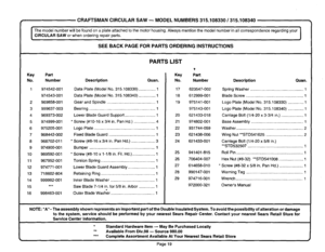 Page 19  
[ CRAFTSMANCIRCULARSAW--MODELNUMBERS315.108330/315.108340 
Themodelnumberwillbefoundonaplateattachedtothemotorhousing.Alwaysmentionthemodelnumberinallcorrespondenceregardingyour 
CIRCULARSAWorwhenorderingrepairparts, 
SEEBACKPAGEFORPARTSORDERINGINSTRUCTIONS I 
PARTSLIST 
KeyPart 
No.NumberDescriptionQuan. 
1974542-001 
974543-001 
2969858-001 
3999637-003 
4969373-002 
5974999-001 
6975205-001 
7968442-002 
8968702-011 
9974900-001 
10989592-001 
11967952-001 
12974771-001 
13718602-804 
14999982-001...