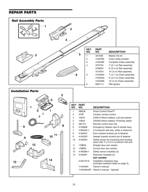 Page 3131
8
11
126
NO
TICE
UPCEILING  MOUNT O NL
Y
9 710
13
14
3
4
2
1
LOCK
LIGHT
5
1
3
4
 6 5
2
REPAIR PARTS
Rail Assembly Parts
KEY PART
NO. NO. DESCRIPTION
1 4A1008 Master link kit
2 41A2780 Chain pulley bracket
3 41A3489 Complete trolley assembly
4 3707CH 7 (2.1 m) Rail assembly
3708CH 8 (2.4 m) Rail assembly
3710CH 10 (3 m) Rail assembly
5 41D3484 7 (2.1 m) Chain assembly 41D3483 8 (2.4 m) Chain assembly
41D3485 10 (3 m) Chain assembly
6 83A11-2 Rail grease
KEY PART
NO. NO. DESCRIPTION
1 398LM Smart...